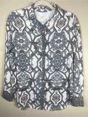 Marie Oliver 100% Silk Geometric Mosaic Tile Print Blouse Top Blue White XXS EUC